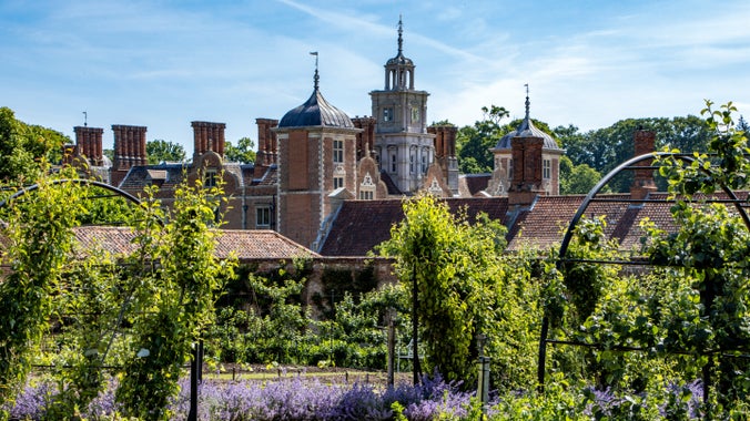 Produce growing over arches in the kitchen garden with Blickling Hall in the background